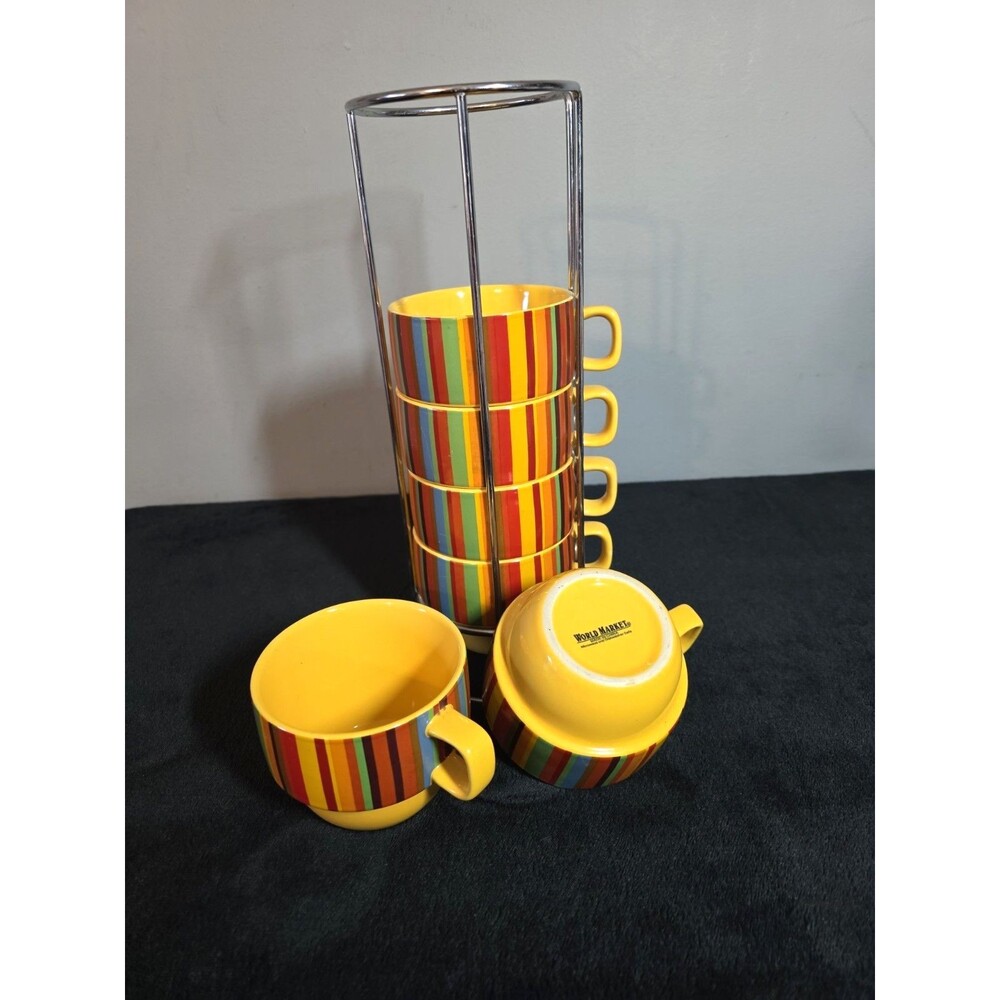 World Market Striped Stackable Coffee Mugs Set, 15 fl oz, 6pc w/ Metal Stand